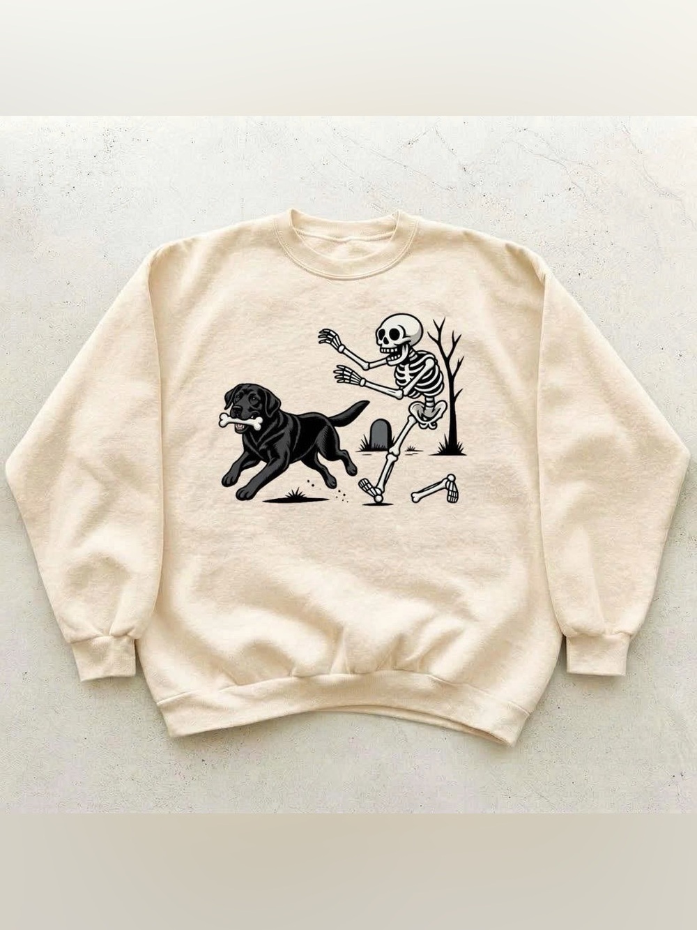 Vintage Cream Sweatshirt with Black Dog & Skeleton Graphic
